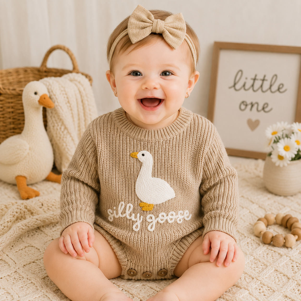 Infant Baby Knitted Long Sleeve Goose Embroidery Romper Jumpsuit