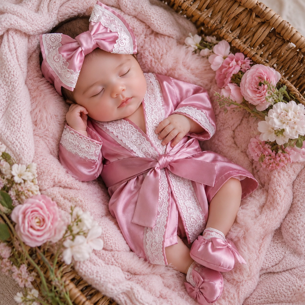 Newborn Lace Bathrobe Photo Set for Baby Girls - Robe, Turban Hat and Slippers