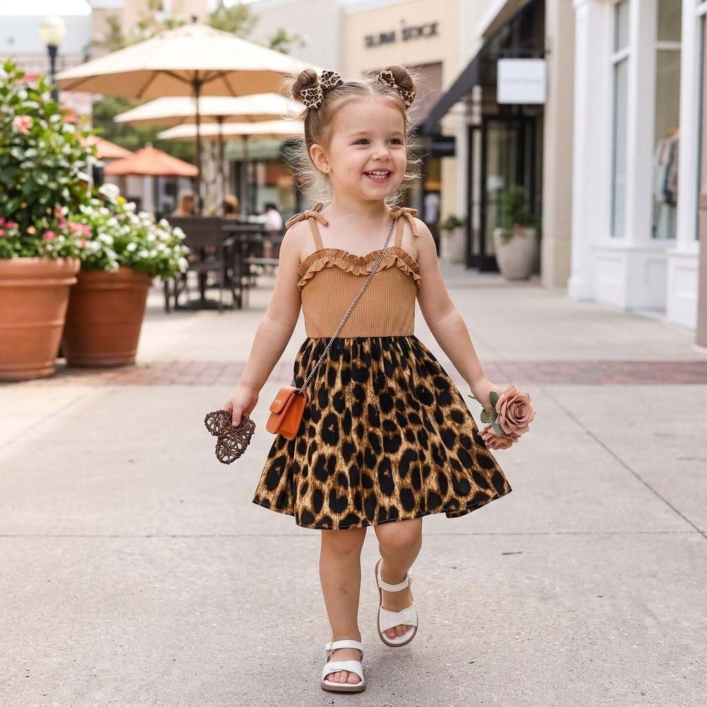 Girls' Khaki & Leopard Print Ruffle Cami Dress