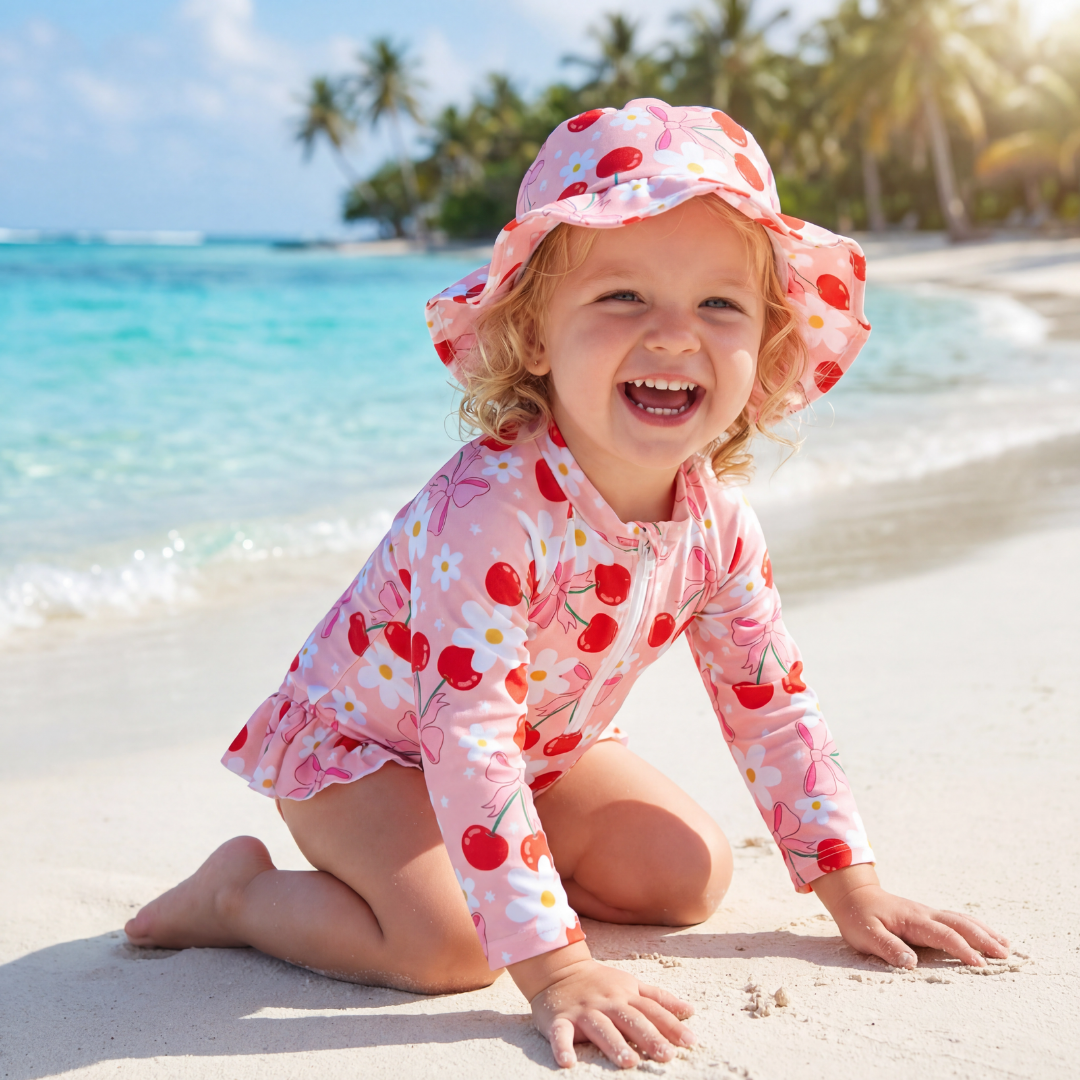 Floral Print Rash Guard & Hat Swimsuit Set