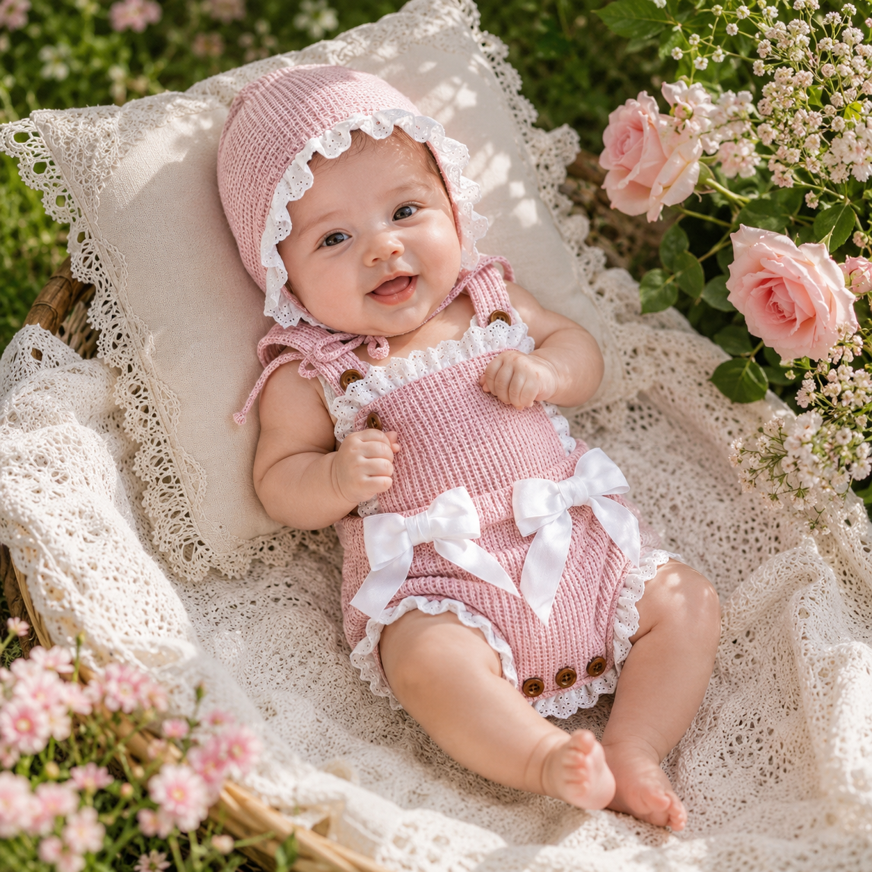 Baby Girl Knitted Romper & Hat Set
