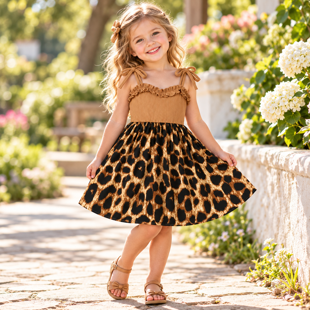 Girls' Khaki & Leopard Print Ruffle Cami Dress