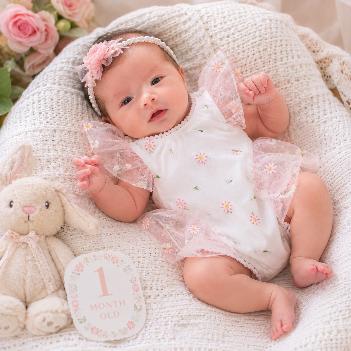 Newborn Daisy Embroidered Romper- Baby Girl Mesh Photo Outfit