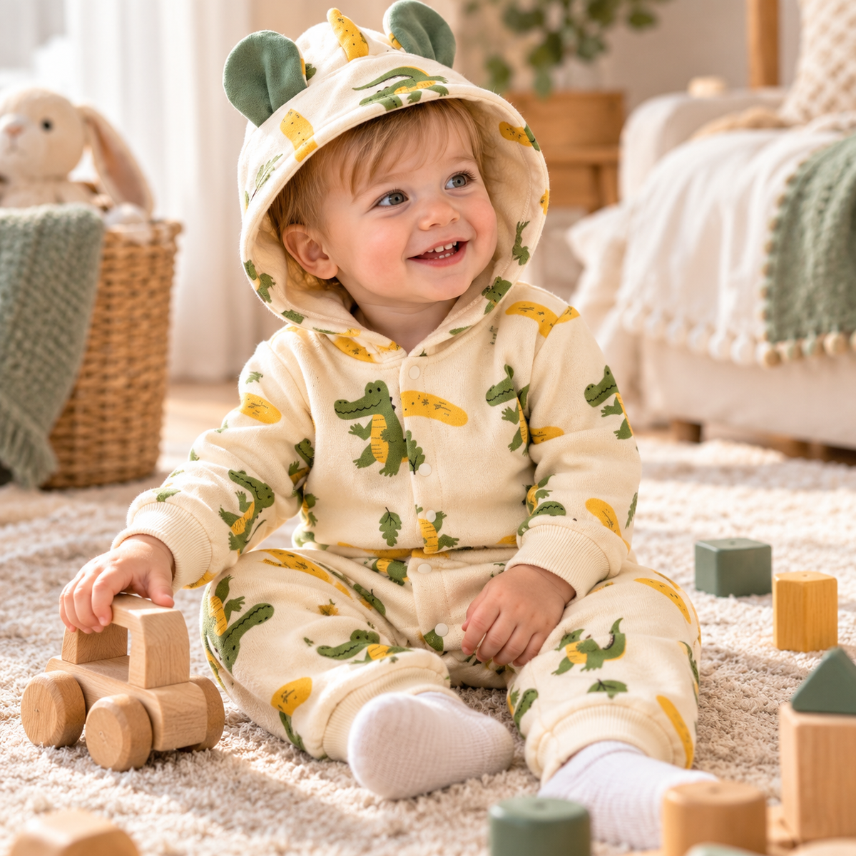 Baby Boys Animal Print Hooded Romper