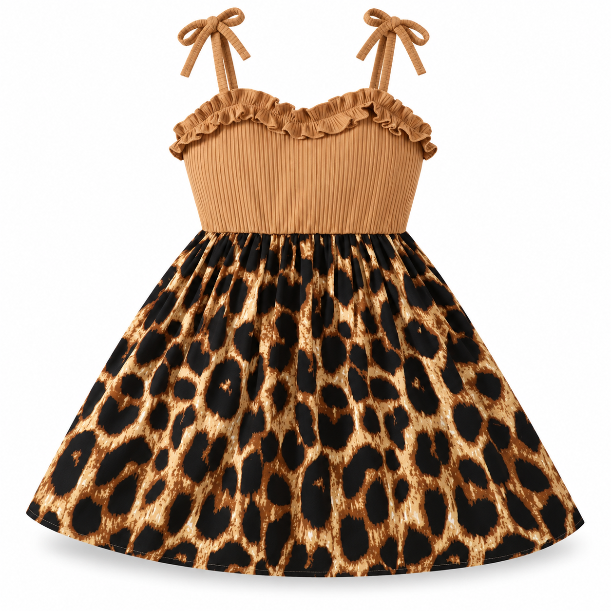 Girls' Khaki & Leopard Print Ruffle Cami Dress