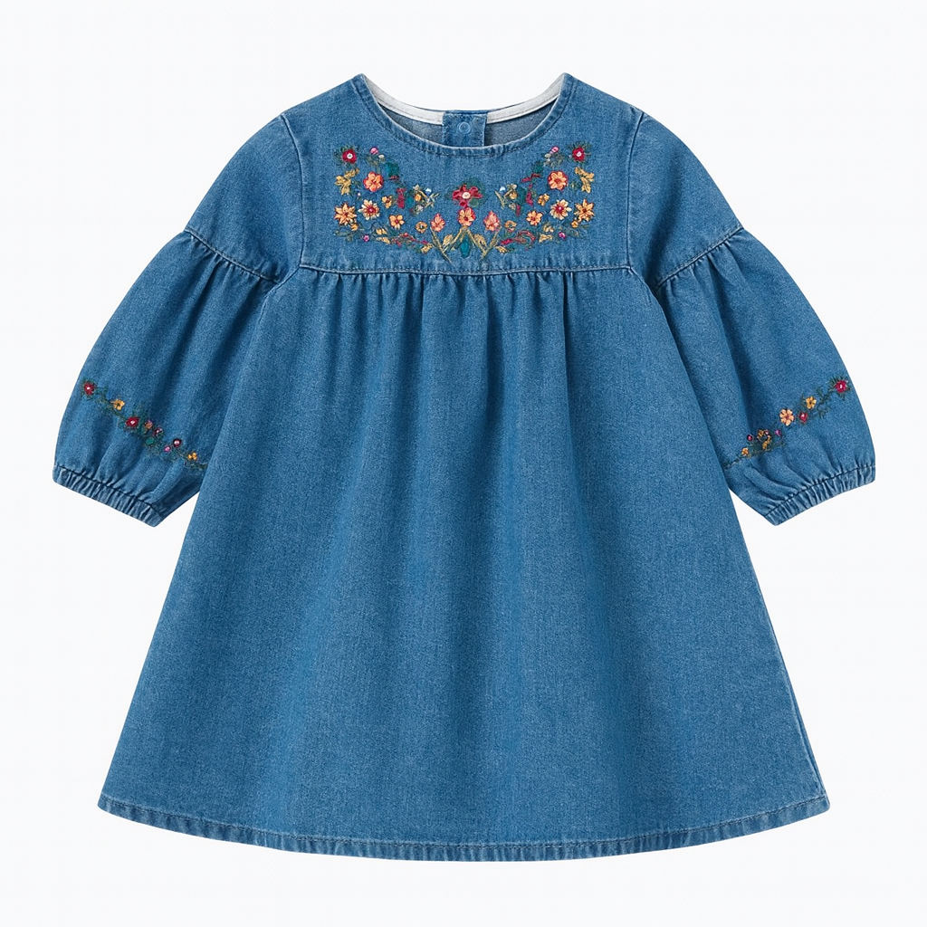 Girls Embroidered Long Sleeve Denim Dress