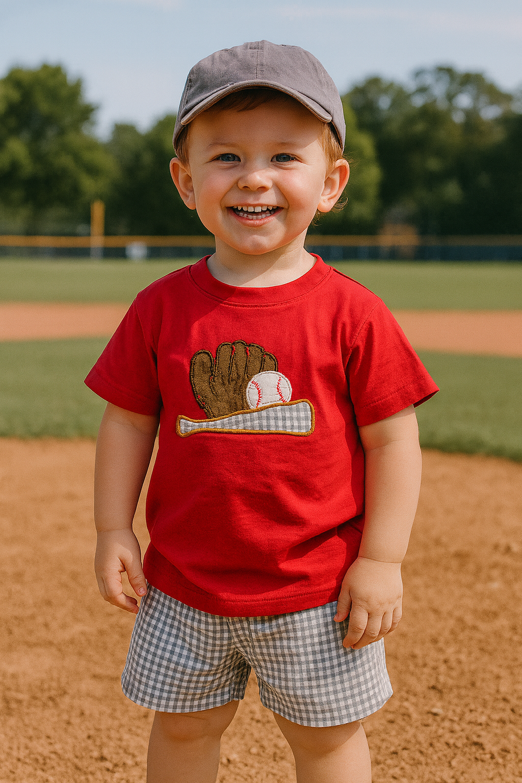 Embroidered Baseball T-Shirt and Plaid Shorts Set