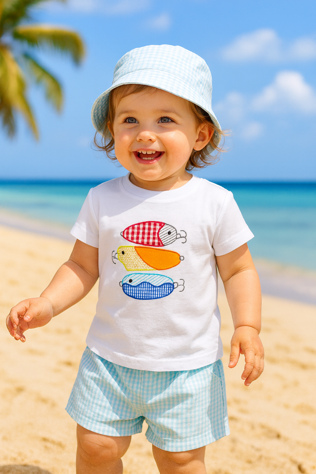 Fish Print T-Shirt and Gingham Shorts Set