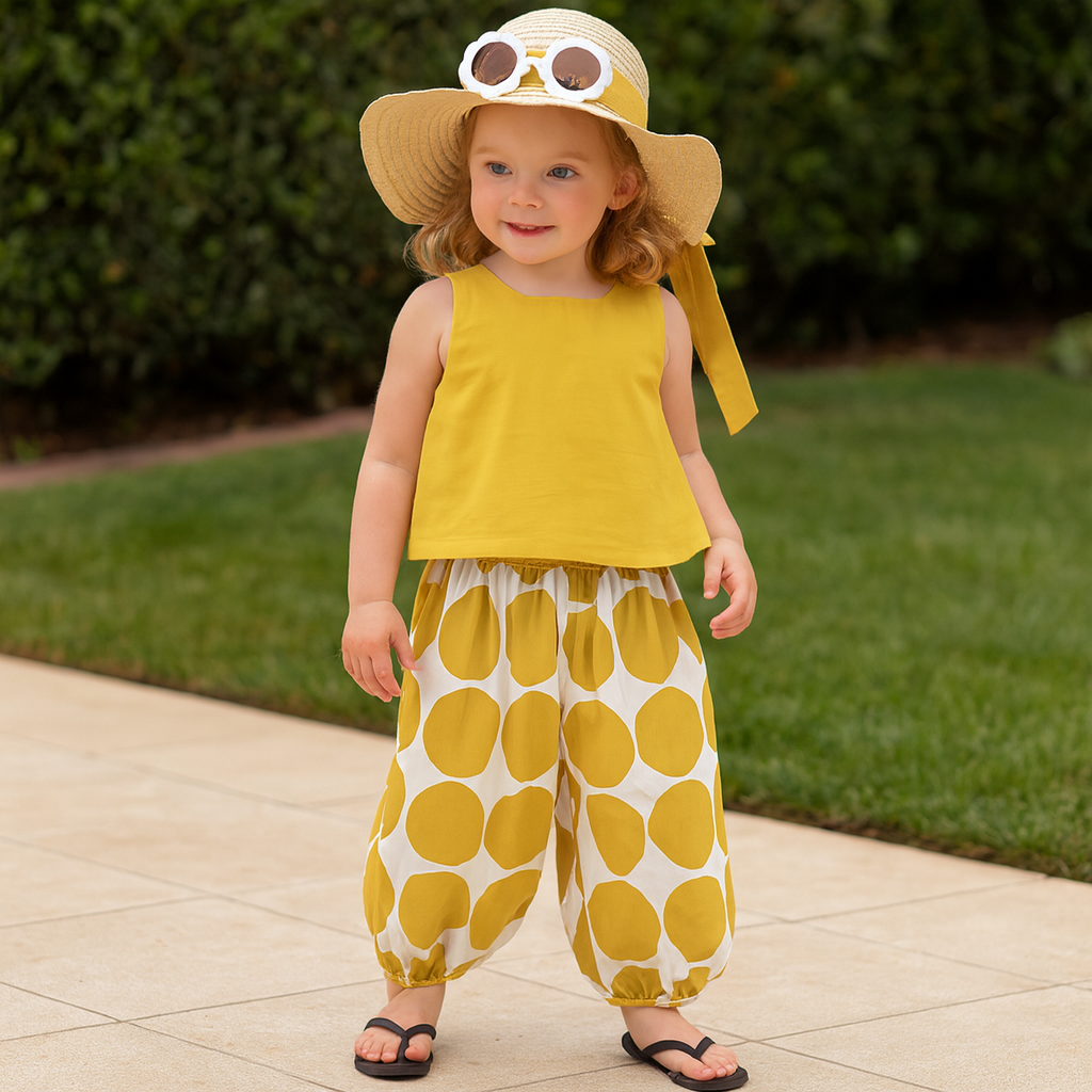 Girls' Backless Top with Polka Dot Bloomers and Sun Hat