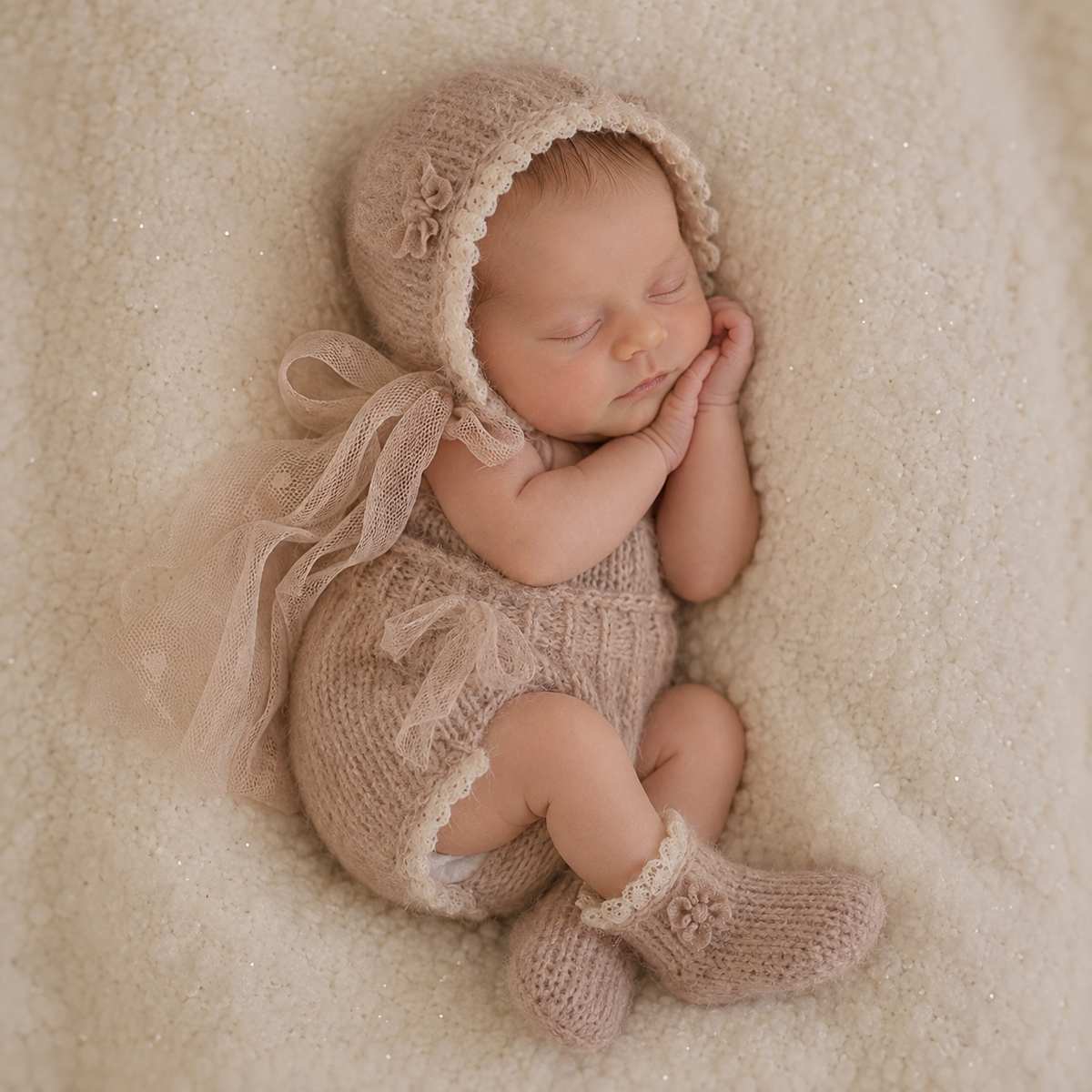 Newborn Photography Prop Set - Knitted Romper, Bonnet & Socks in Vintage Lace Ribbon