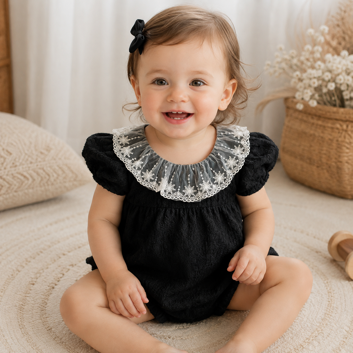 Baby Girl Lace Collar Bodysuit - Embroidered Short Sleeve One Piece