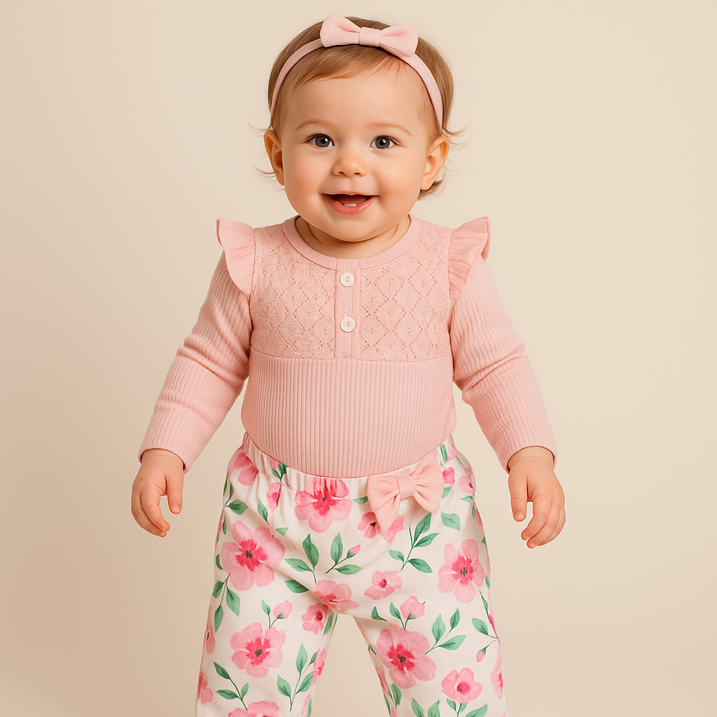 Long Sleeve Romper, Floral Pants and Headband Set