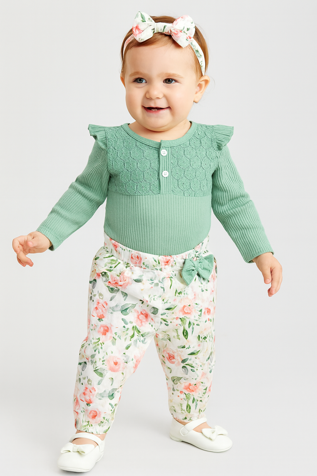 Long Sleeve Romper, Floral Pants and Headband Set