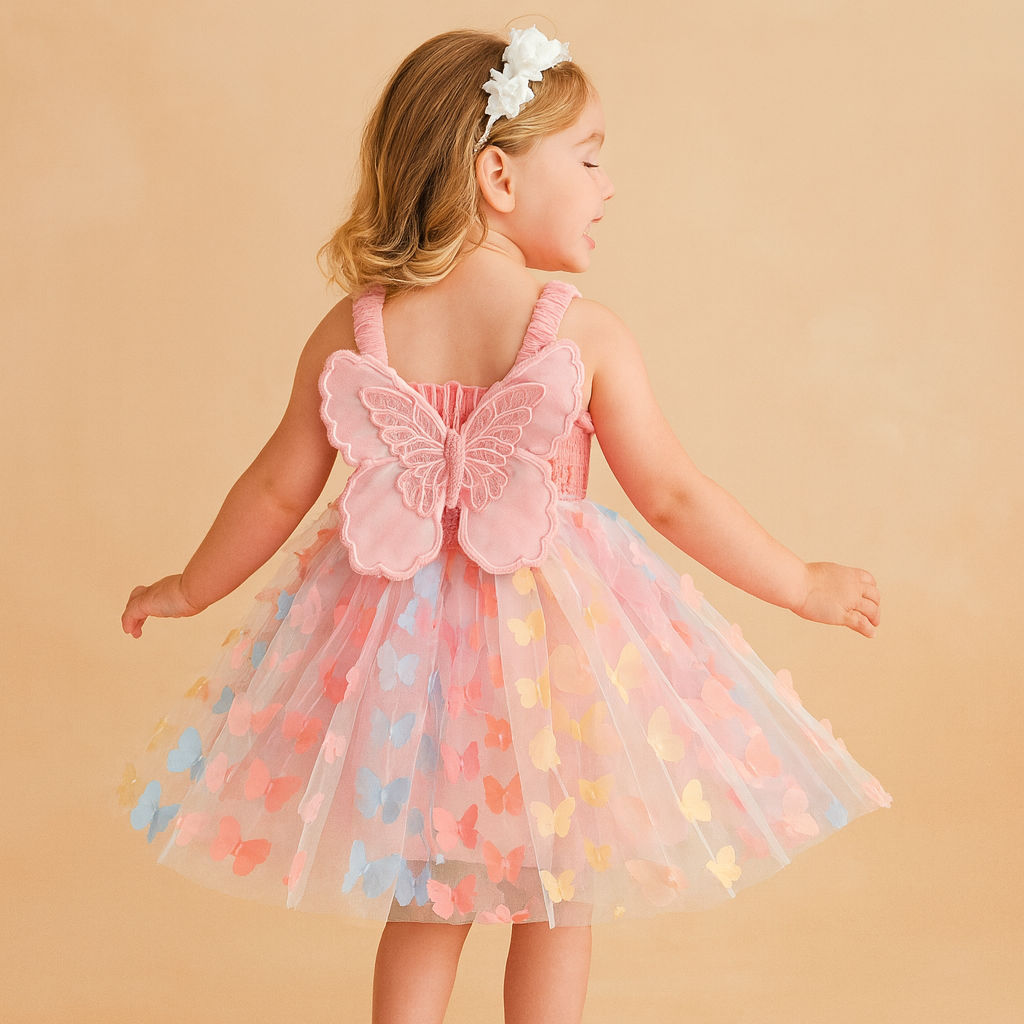 Colorful Birthday Party Outfit with 3D Wings & Tulle Skirt
