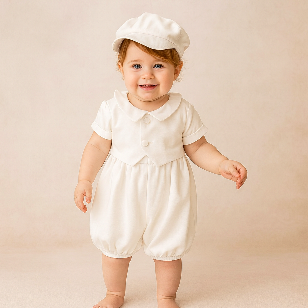 Ivory Baby Baptism Jumpsuit with Hat