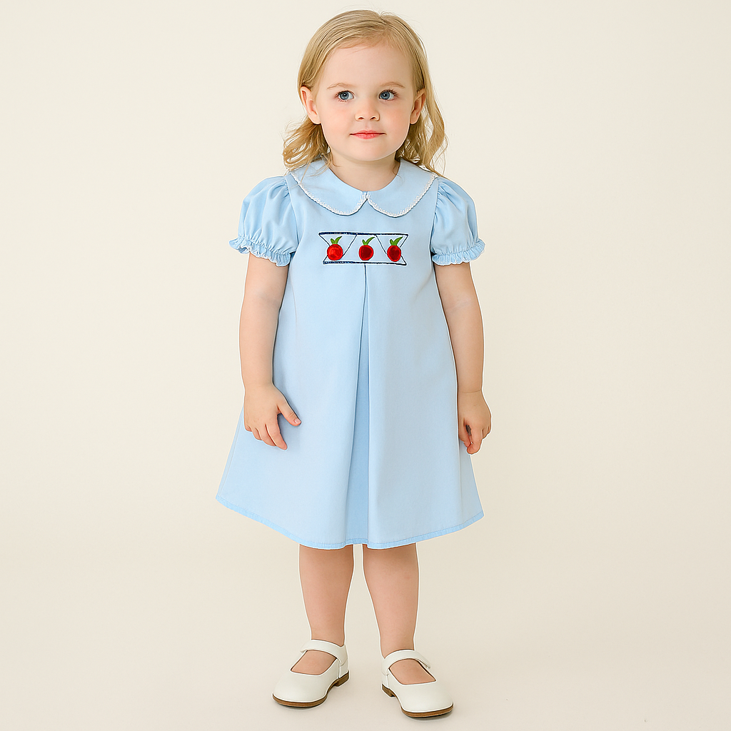 Back-to-School Apple Embroidered Blue Dress
