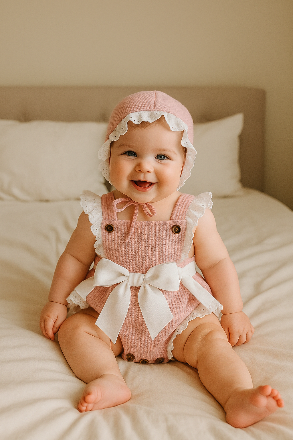 Girls Knitted Romper Set with Bonnet
