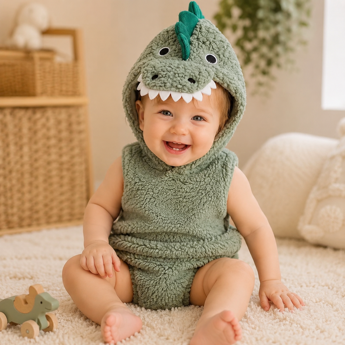Baby Unisex Plush Dinosaur Hooded Halloween Costume Romper