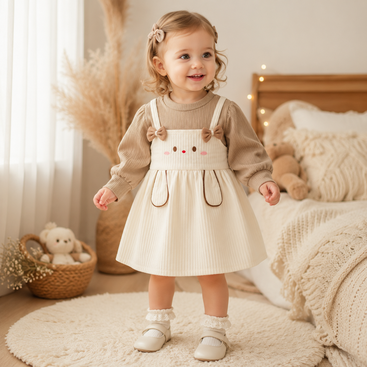 Cute Rabbit Baby Girl Dress Sweet Bow Long Sleeve 9M–3Y