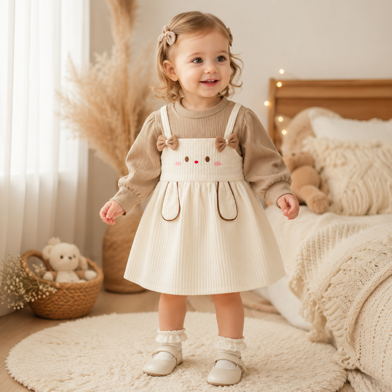 Cute Rabbit Baby Girl Dress Sweet Bow Long Sleeve 9M–3Y