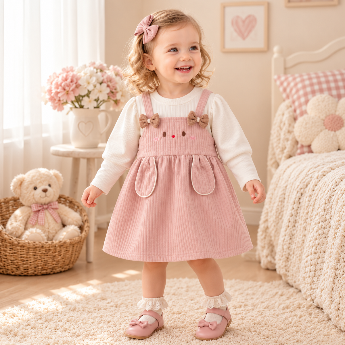 Cute Rabbit Baby Girl Dress Sweet Bow Long Sleeve 9M–3Y