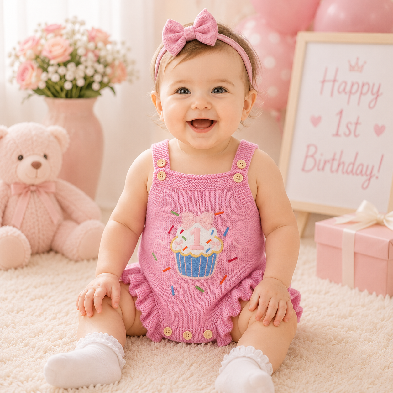 Baby Girl 1st Birthday Knit Bodysuit Embroidery Cupcake 6–18M