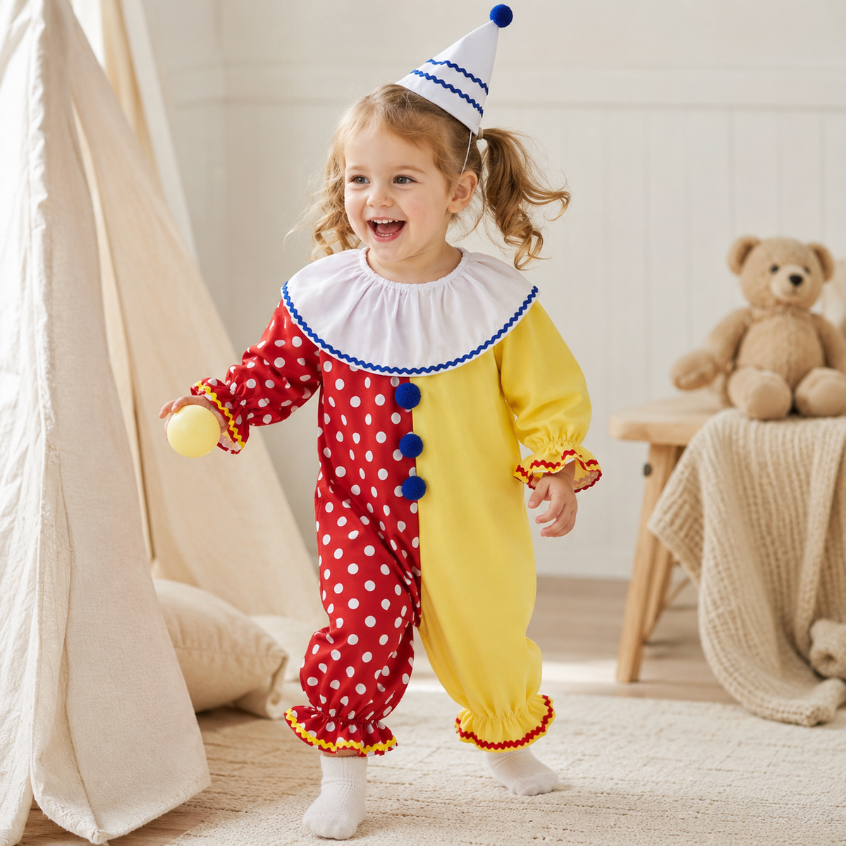 Toddler Clown Costume Jumpsuit & Hat- Funny Halloween Outfit
