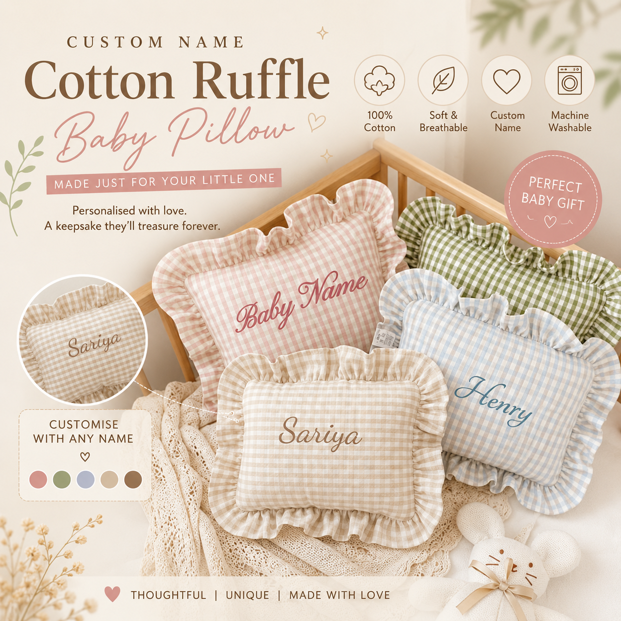 Custom Name Cotton Ruffle Baby Pillow