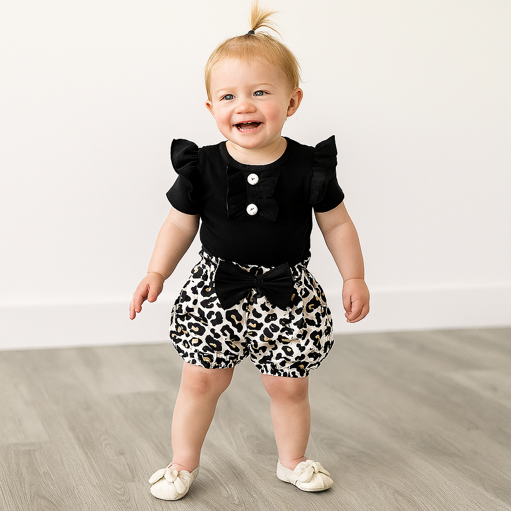 Baby Girl 2 Piece Romper and Leopard Shorts Set