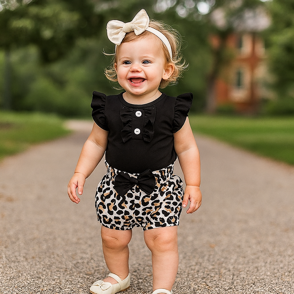 Baby Girl 2 Piece Romper and Leopard Shorts Set