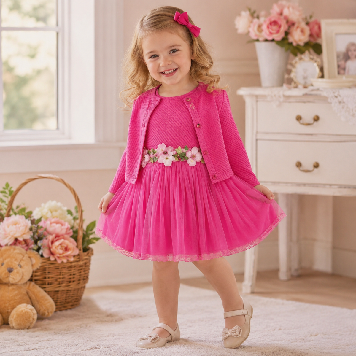 Baby Girl Fall Outfit - Floral Tulle Dress & Cardigan Set