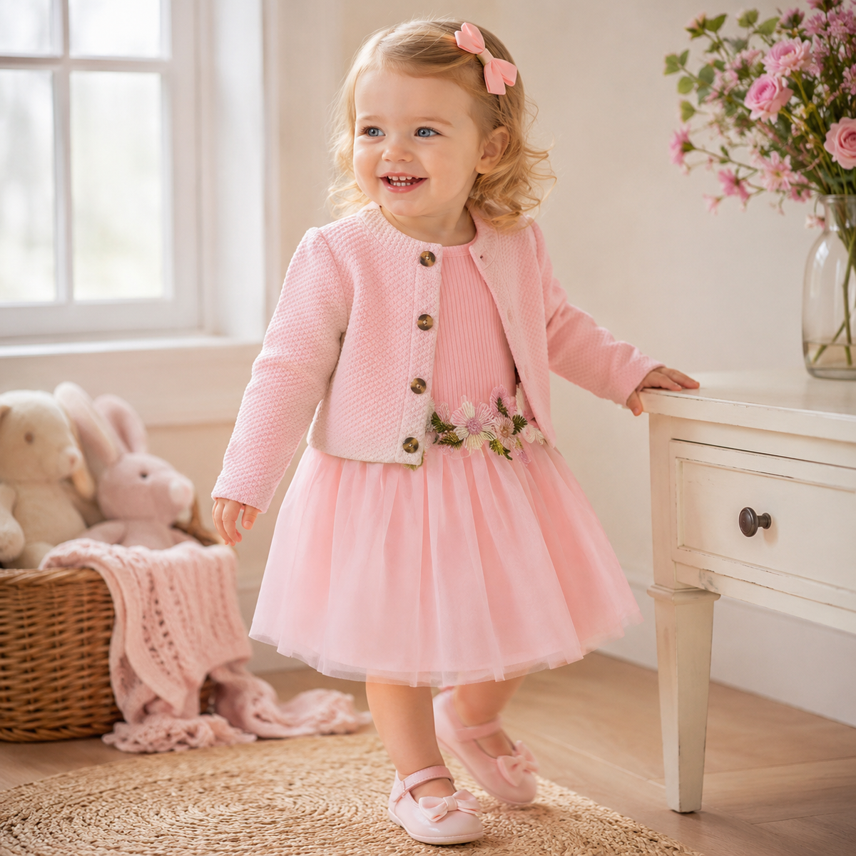 Baby Girl Fall Outfit - Floral Tulle Dress & Cardigan Set