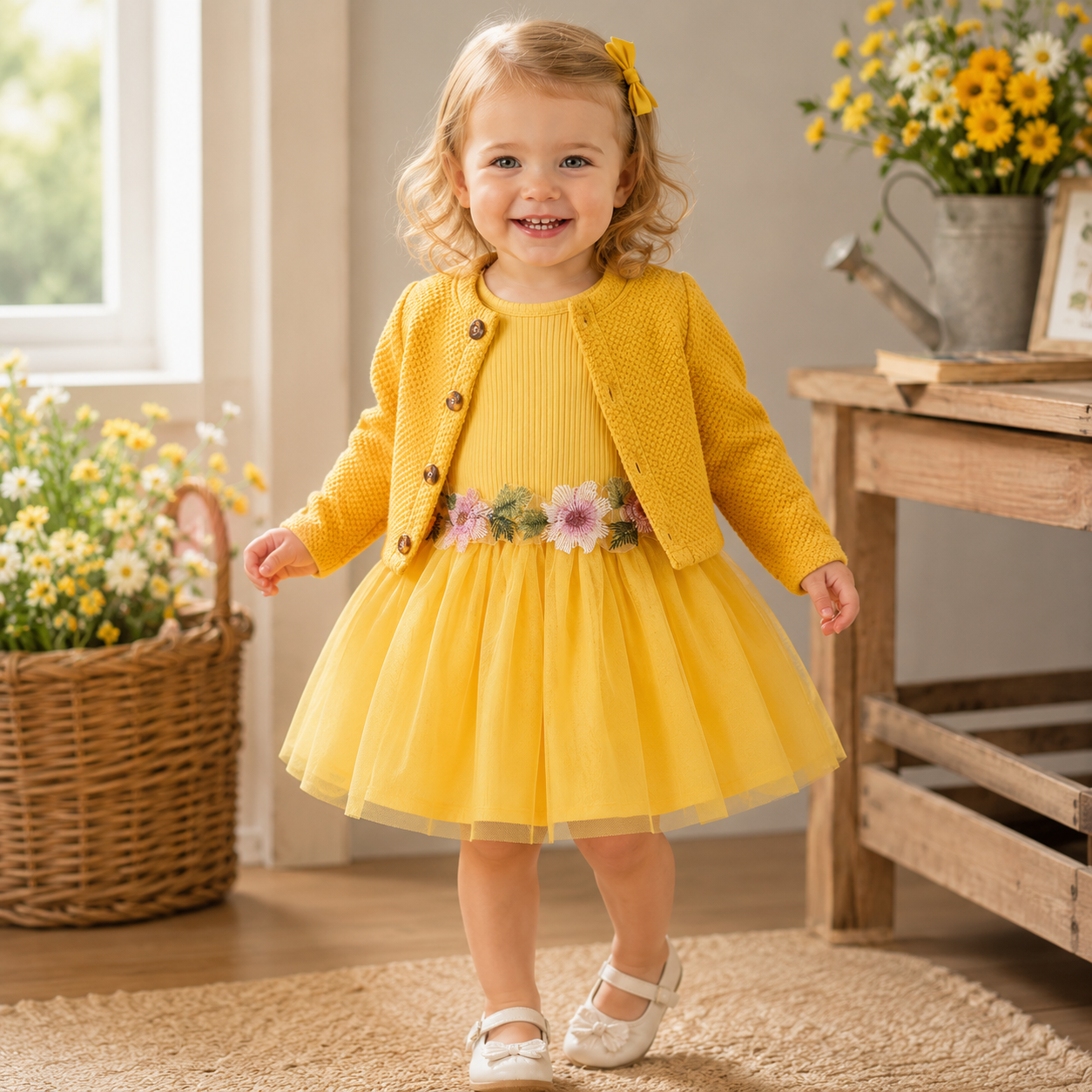 Baby Girl Fall Outfit - Floral Tulle Dress & Cardigan Set