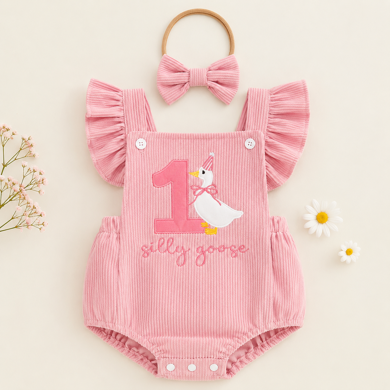 Baby Girl Birthday Outfit - Embroidered Fly Sleeves & Headband