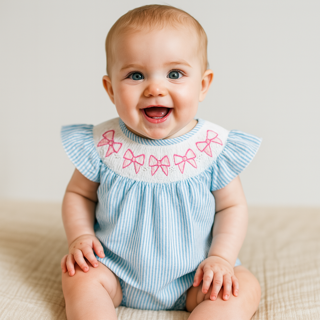 Smocked Bow Embroidered Baby Girl Romper