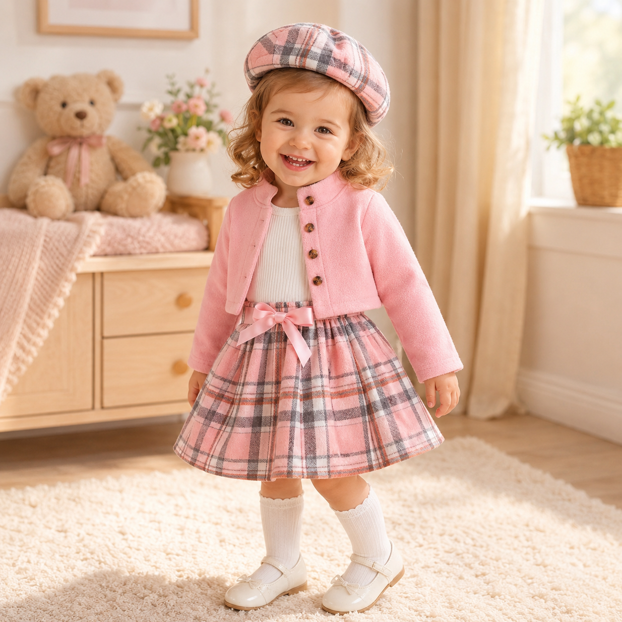 Girl 3-Piece Ruffle Plaid Skirt & Jacket Outfit
