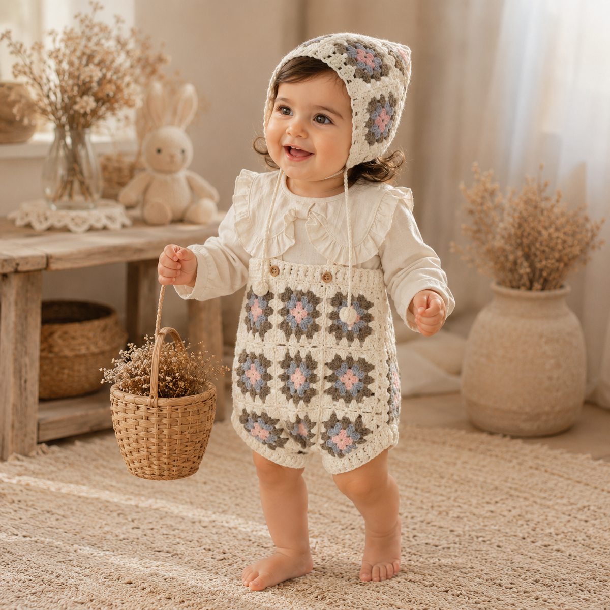 Baby Girl Crochet Knit Sleeveless Bodysuit & Hat Photography Prop