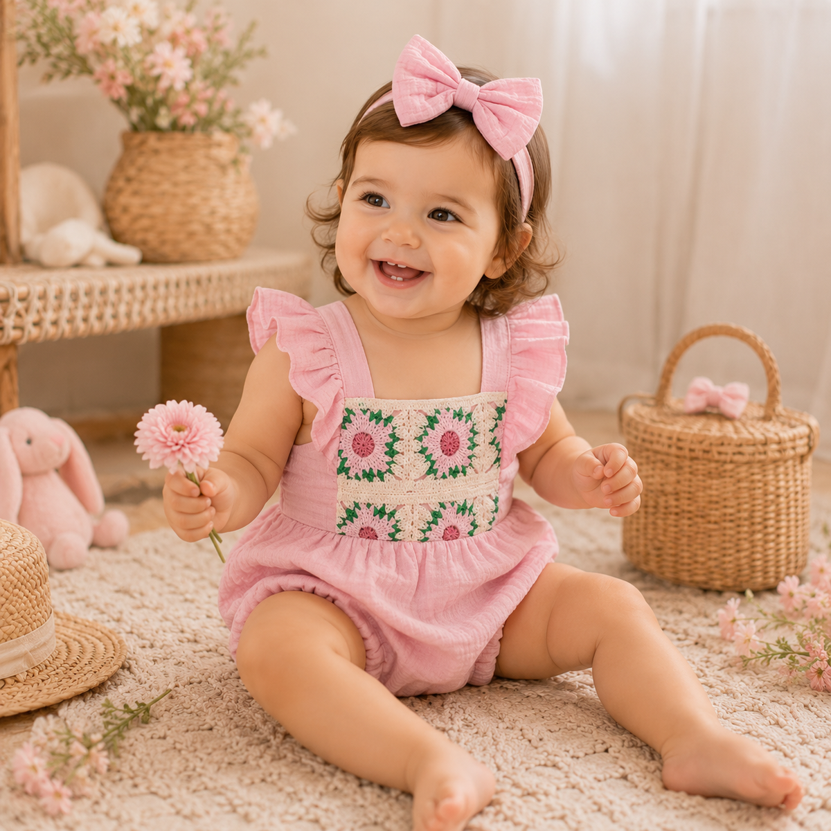 Baby Girl Crochet Flower Smocked Ruffle Romper & Headband Set