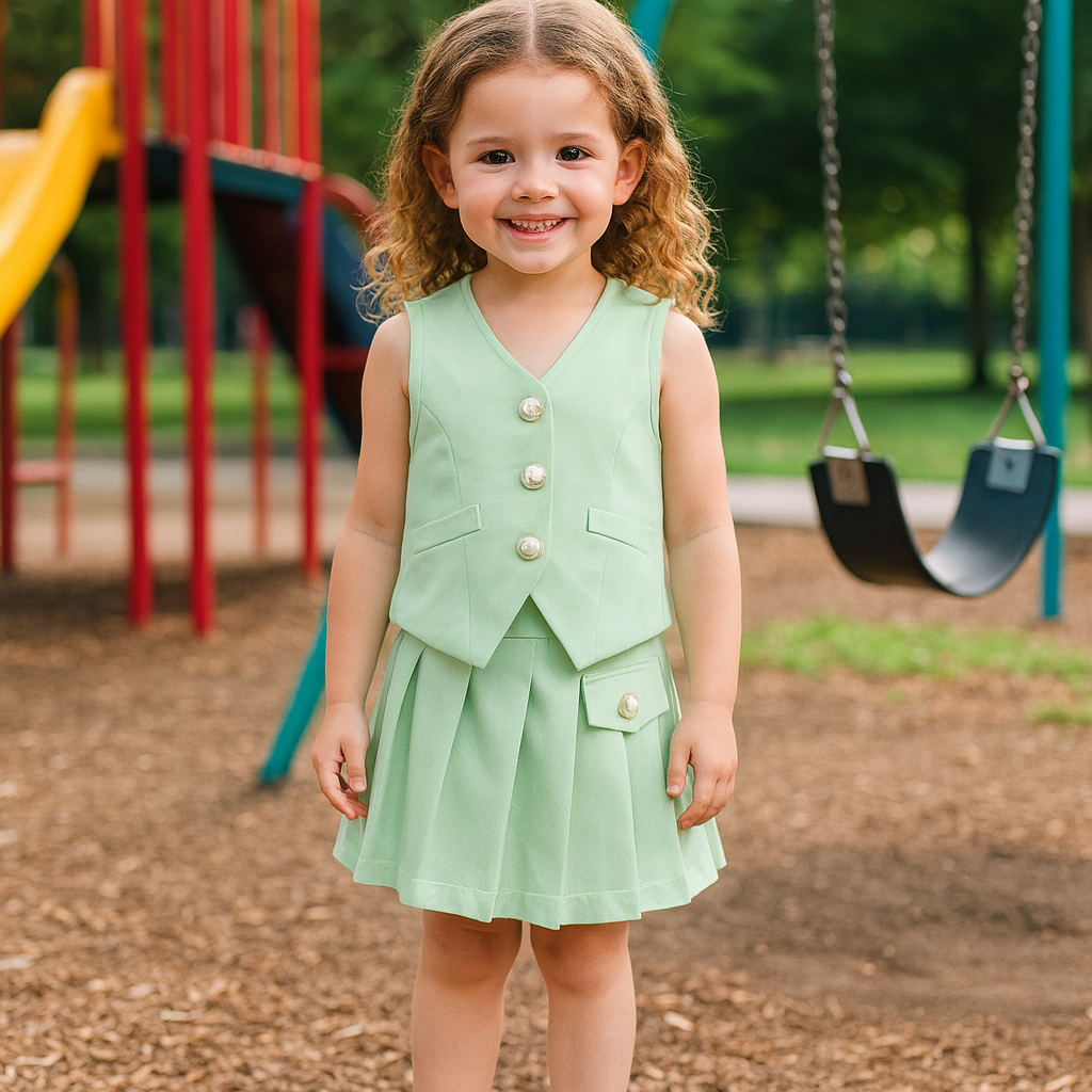 Sleeveless Button Vest and Pleated Skirt Outfit