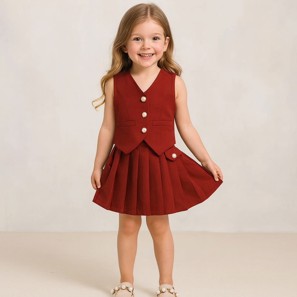 Sleeveless Button Vest and Pleated Skirt Outfit