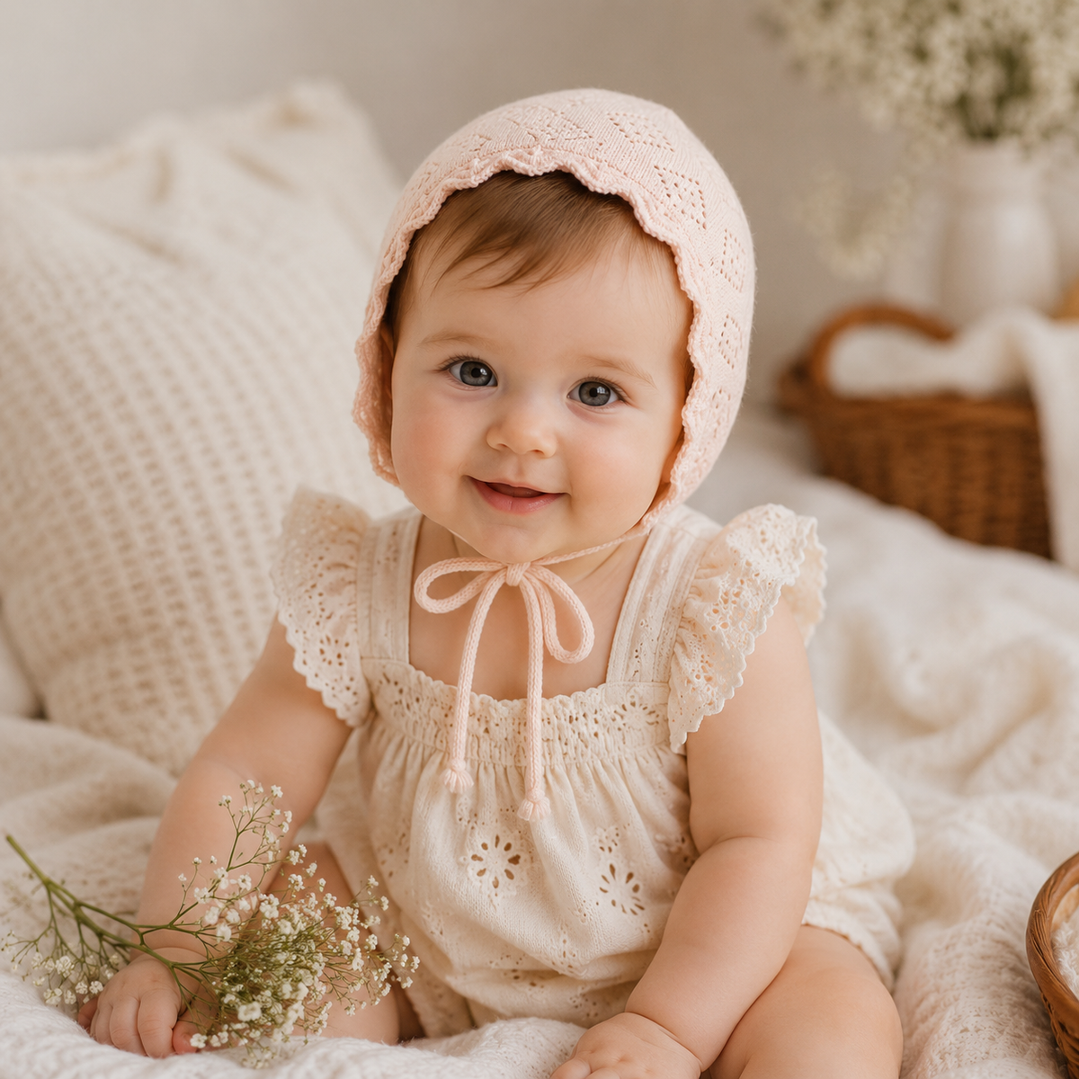 Baby Girl Cotton Lace Flower Knit Bonnet Hat