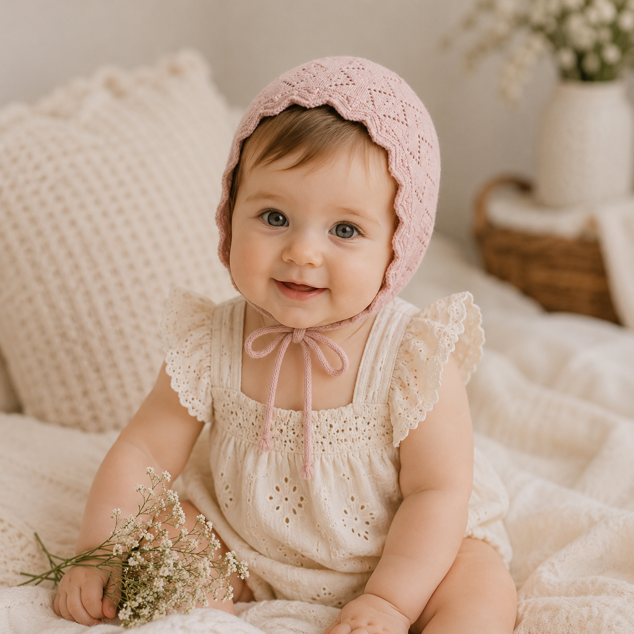Baby Girl Cotton Lace Flower Knit Bonnet Hat