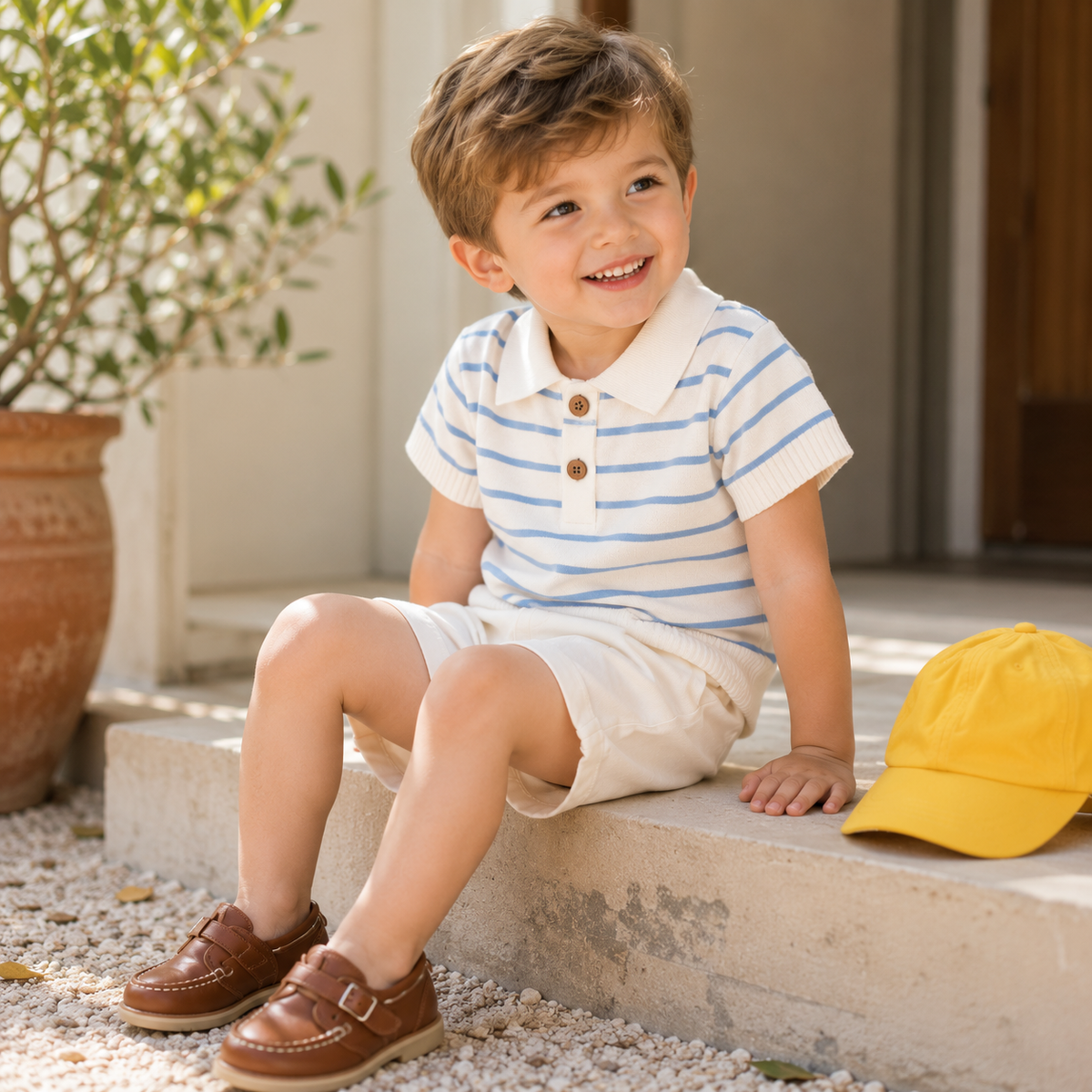 Boys Striped Knit Polo Shirt & Casual Shorts 2-Piece Set