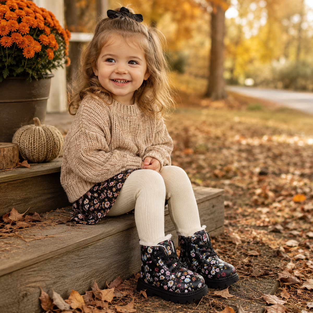 Girls Floral Leather Warm Plush Snow Boots