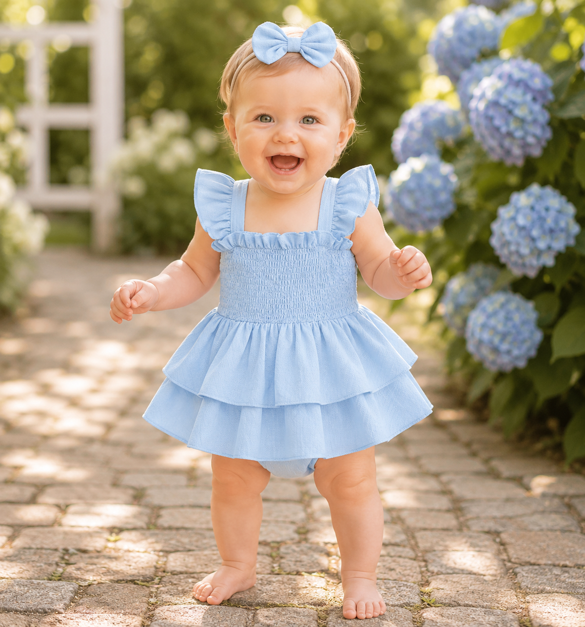 Baby Girl Fly Sleeve Solid Layered Romper Dress with Bow Headband