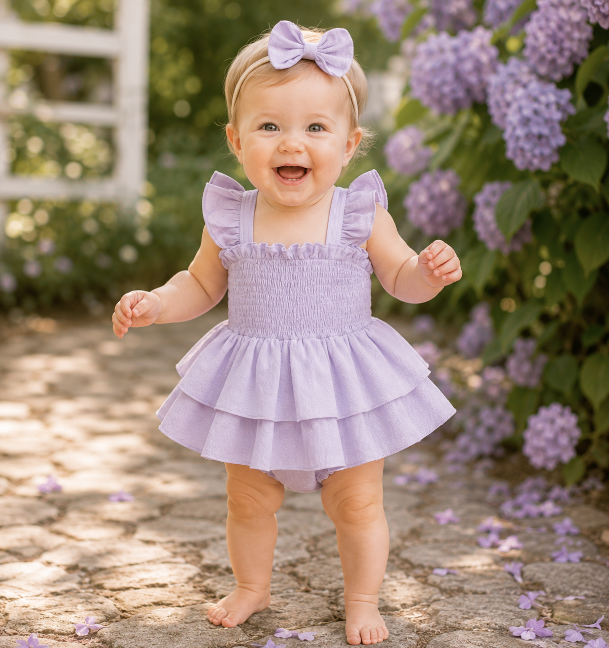 Baby Girl Fly Sleeve Solid Layered Romper Dress with Bow Headband
