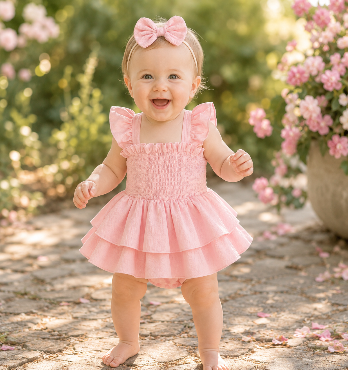 Baby Girl Fly Sleeve Solid Layered Romper Dress with Bow Headband