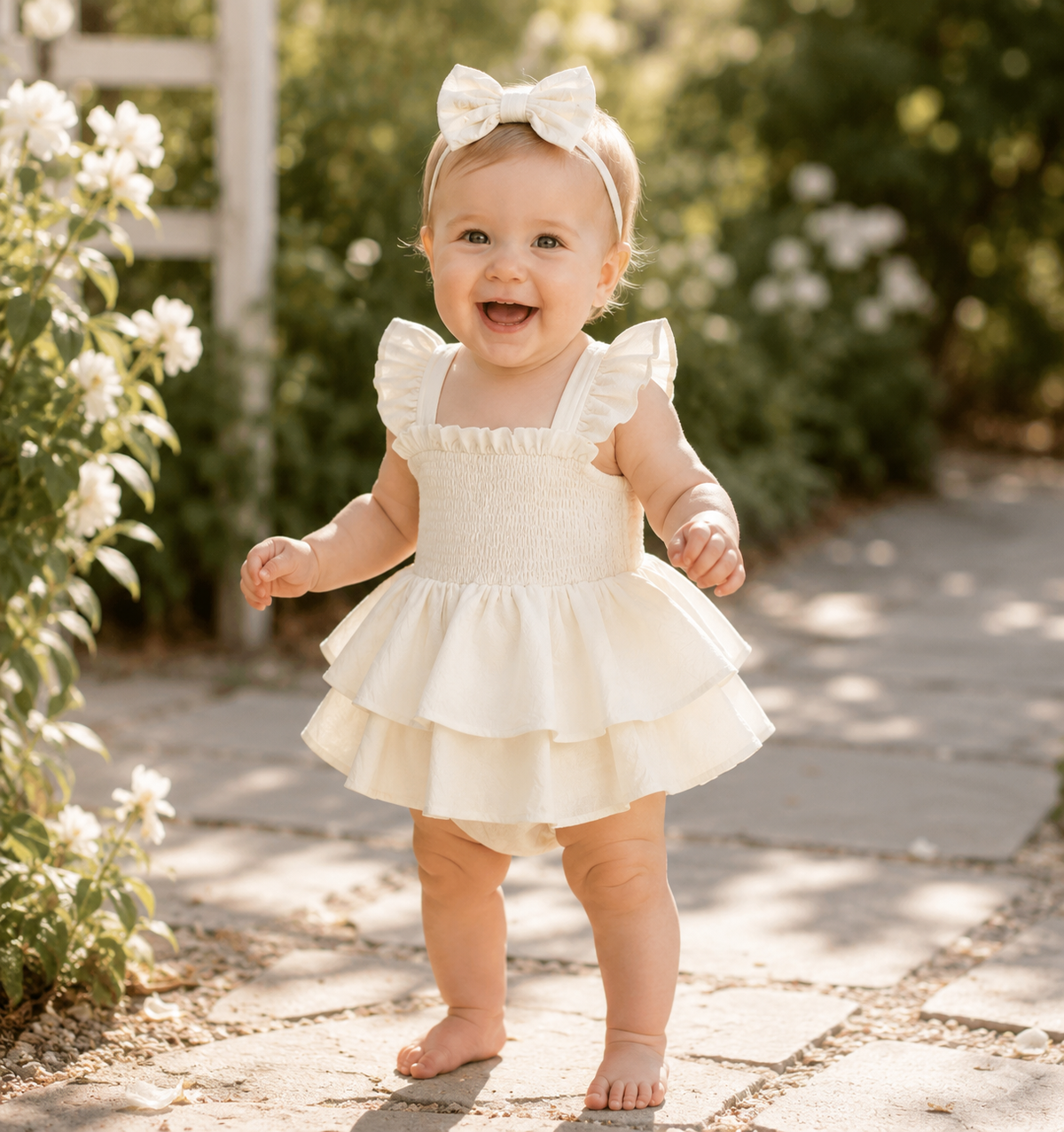 Baby Girl Fly Sleeve Solid Layered Romper Dress with Bow Headband