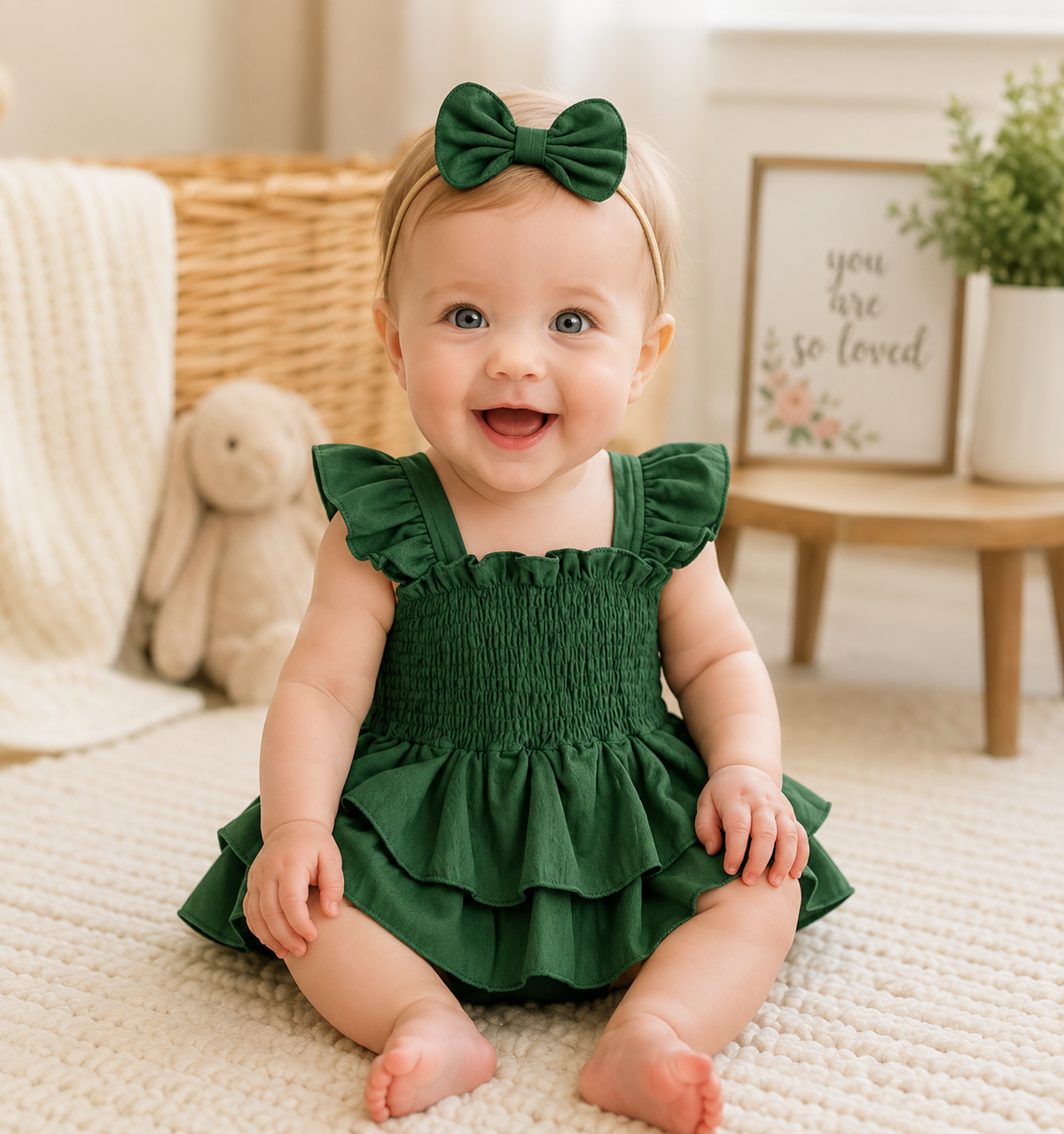 Baby Girl Fly Sleeve Solid Layered Romper Dress with Bow Headband