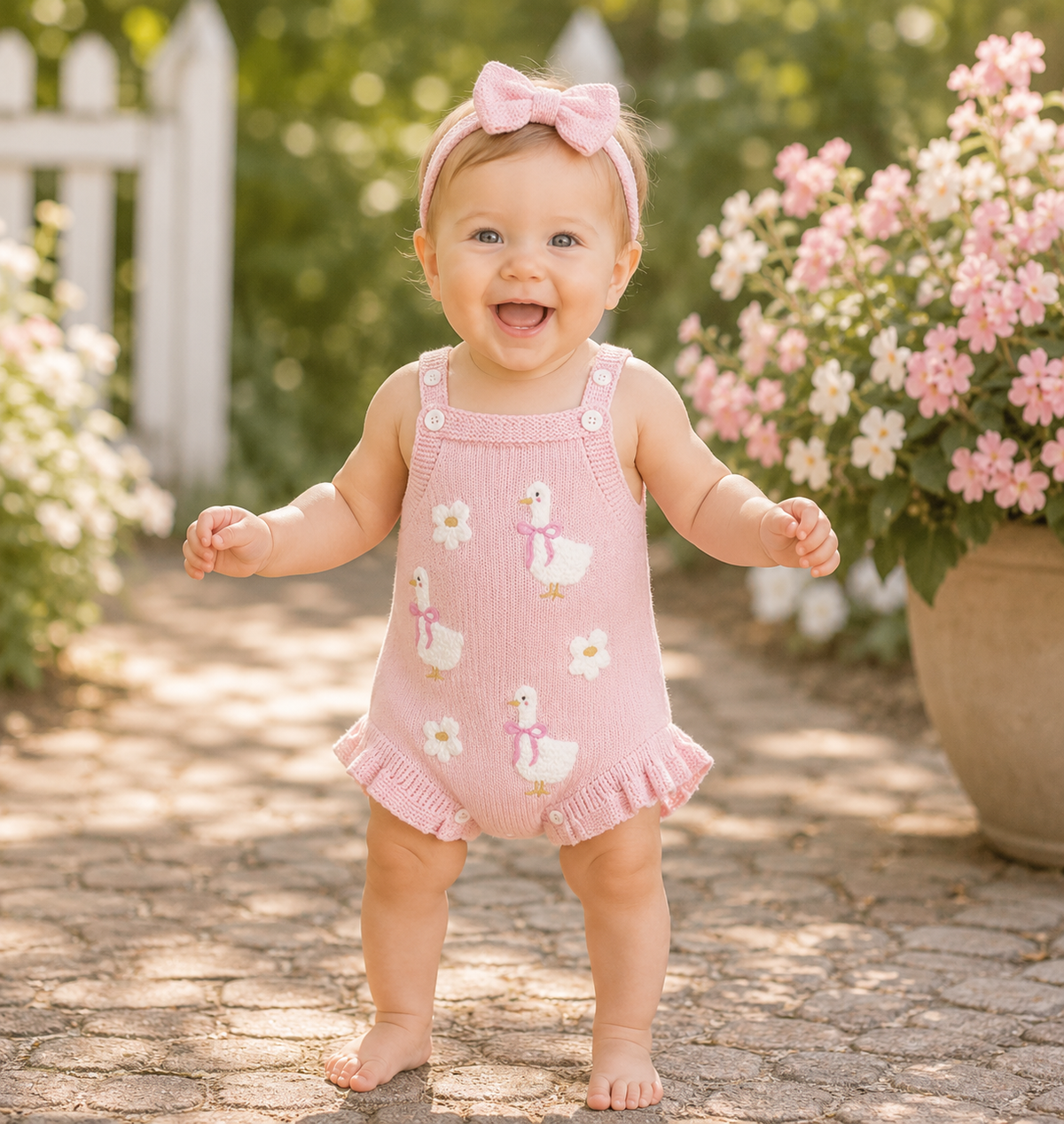 Baby Girl Sleeveless Duck & Flower Knit Overall Bodysuit